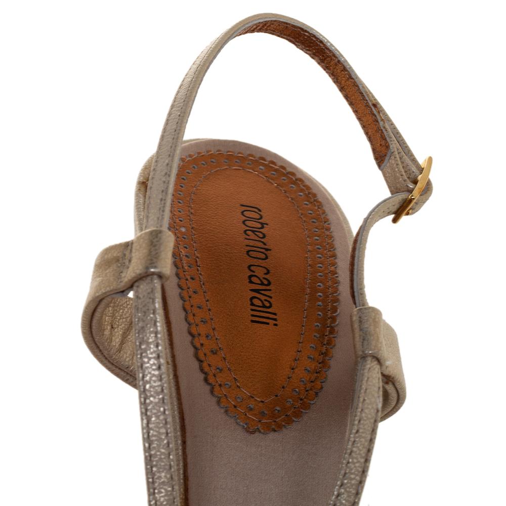 Roberto Cavalli Beige Textured Leather Embellished Slingback Sandals Size 39.5 2