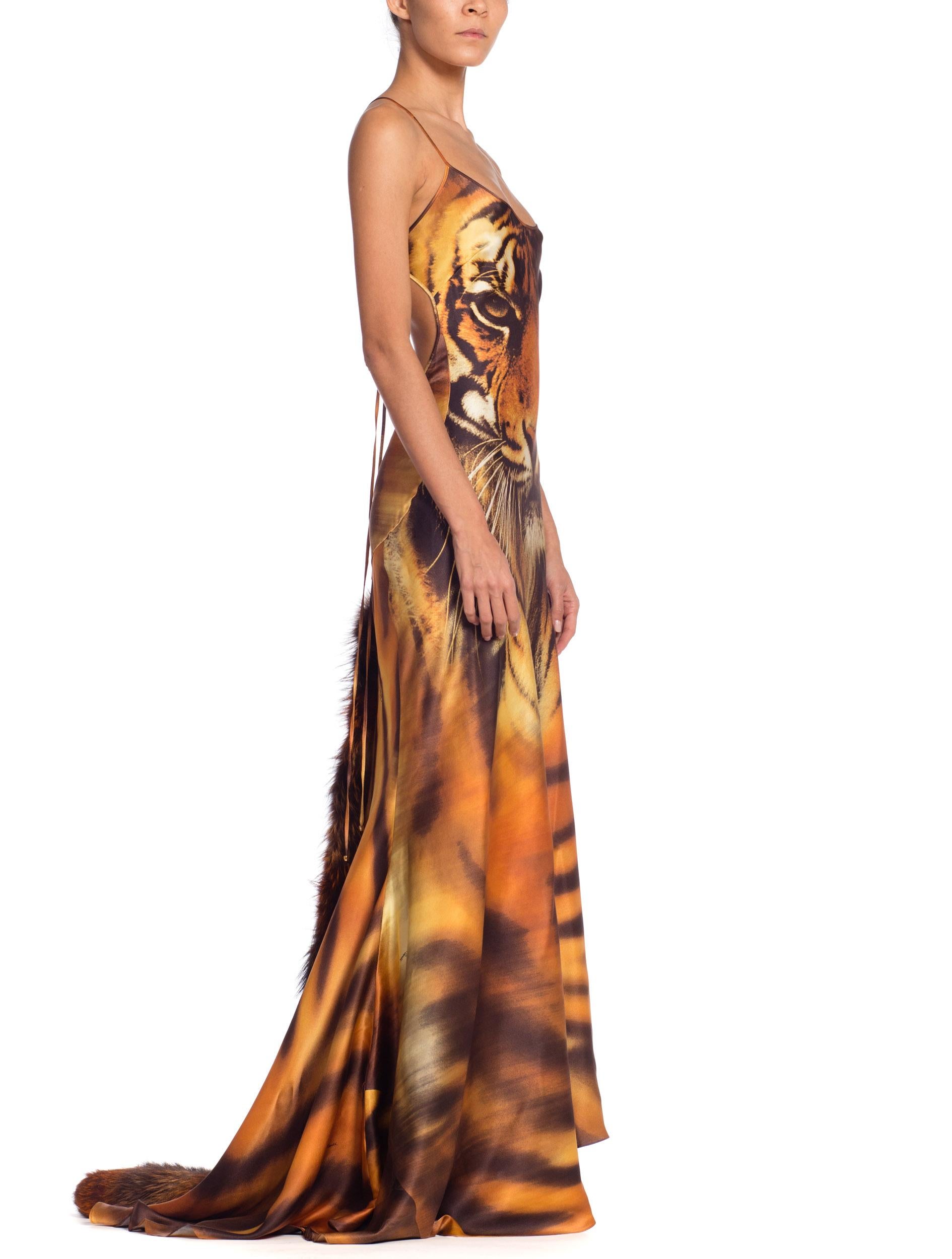 Roberto Cavalli Bias Cut Silk Gown Tiger with Fox Fur Tail NWT 3
