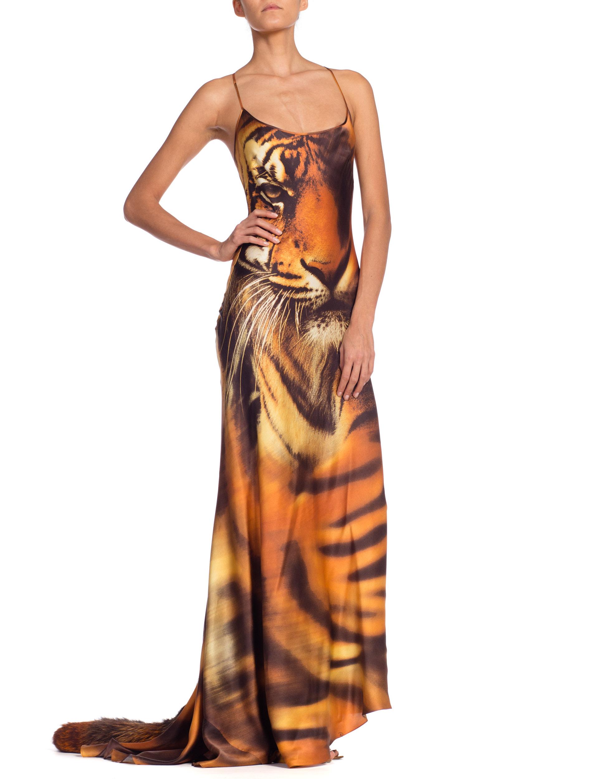 Roberto Cavalli Bias Cut Silk Gown Tiger with Fox Fur Tail NWT 4
