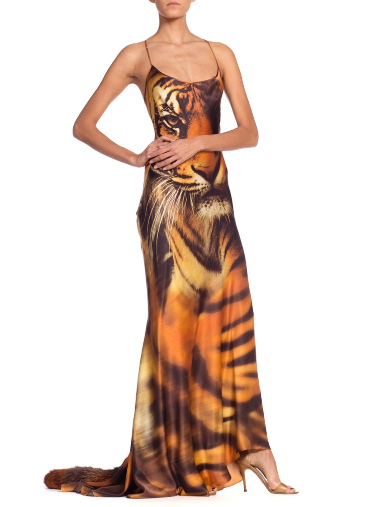 Roberto Cavalli Bias Cut Silk Gown Tiger with Fox Fur Tail NWT 8