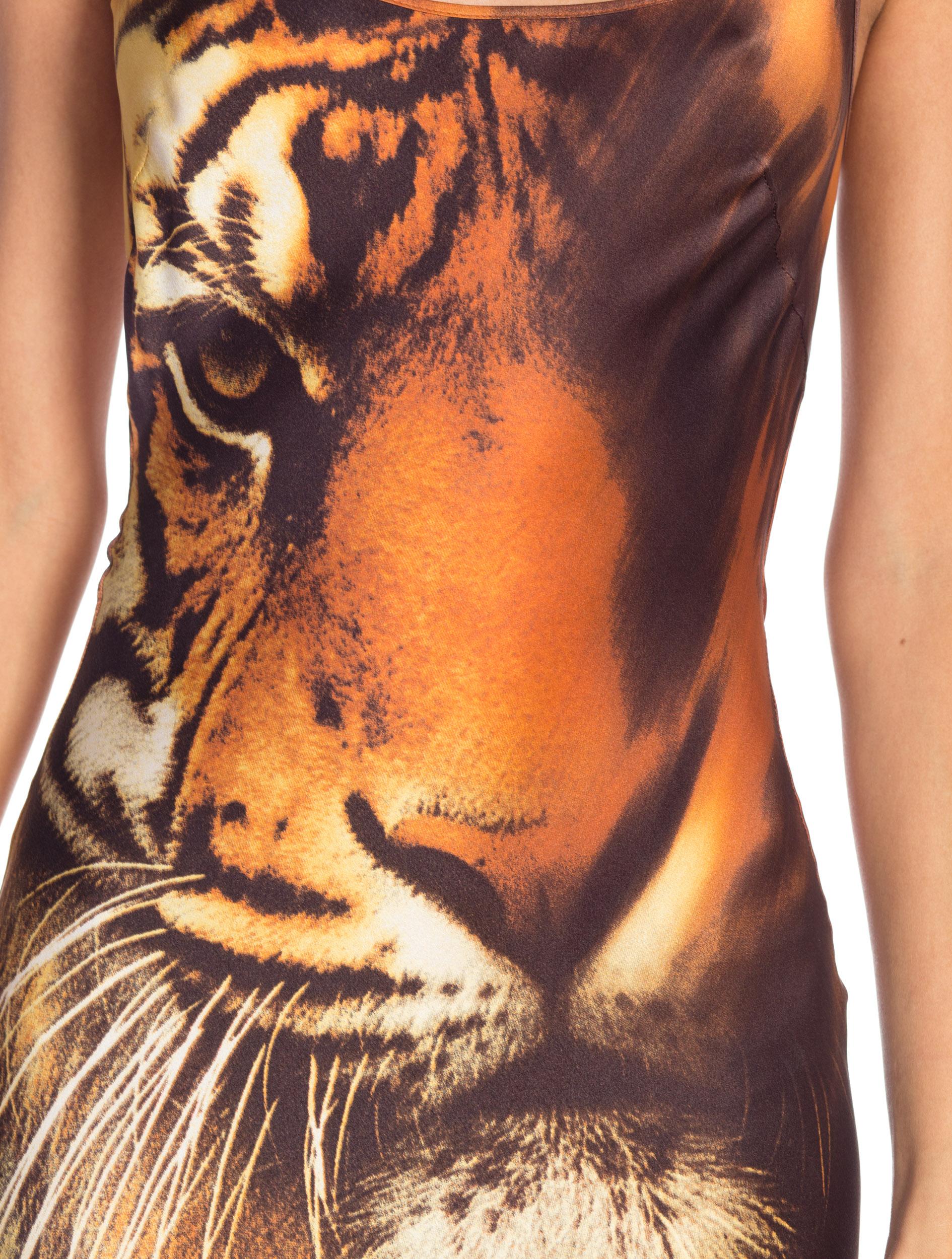 Roberto Cavalli Bias Cut Silk Gown Tiger with Fox Fur Tail NWT 7