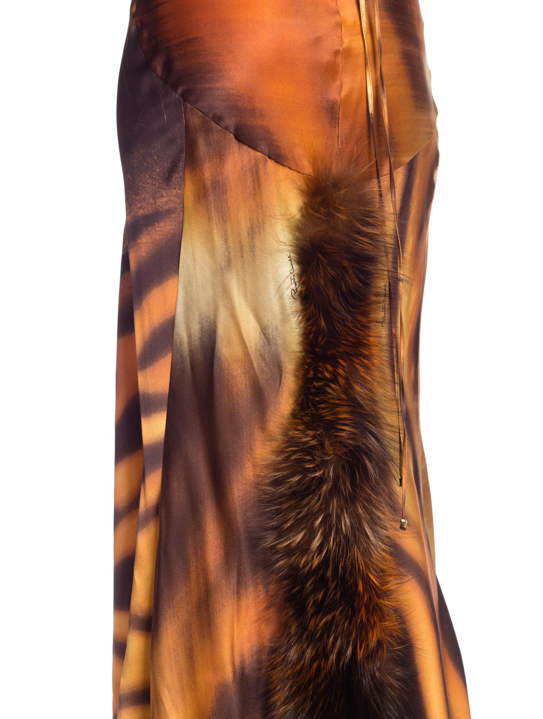 Roberto Cavalli Bias Cut Silk Gown Tiger with Fox Fur Tail NWT 10