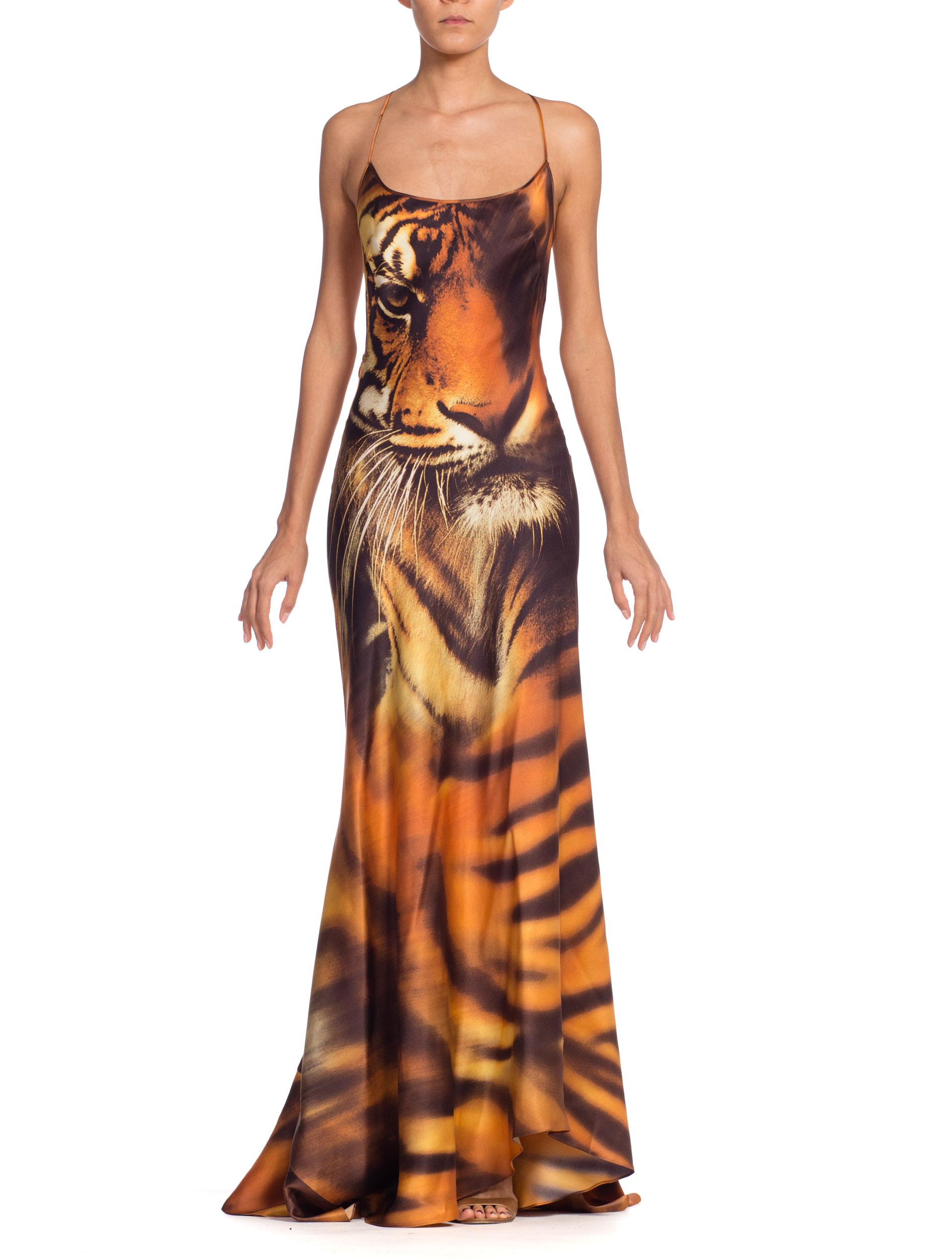 Roberto Cavalli Bias Cut Silk Gown Tiger with Fox Fur Tail NWT 12