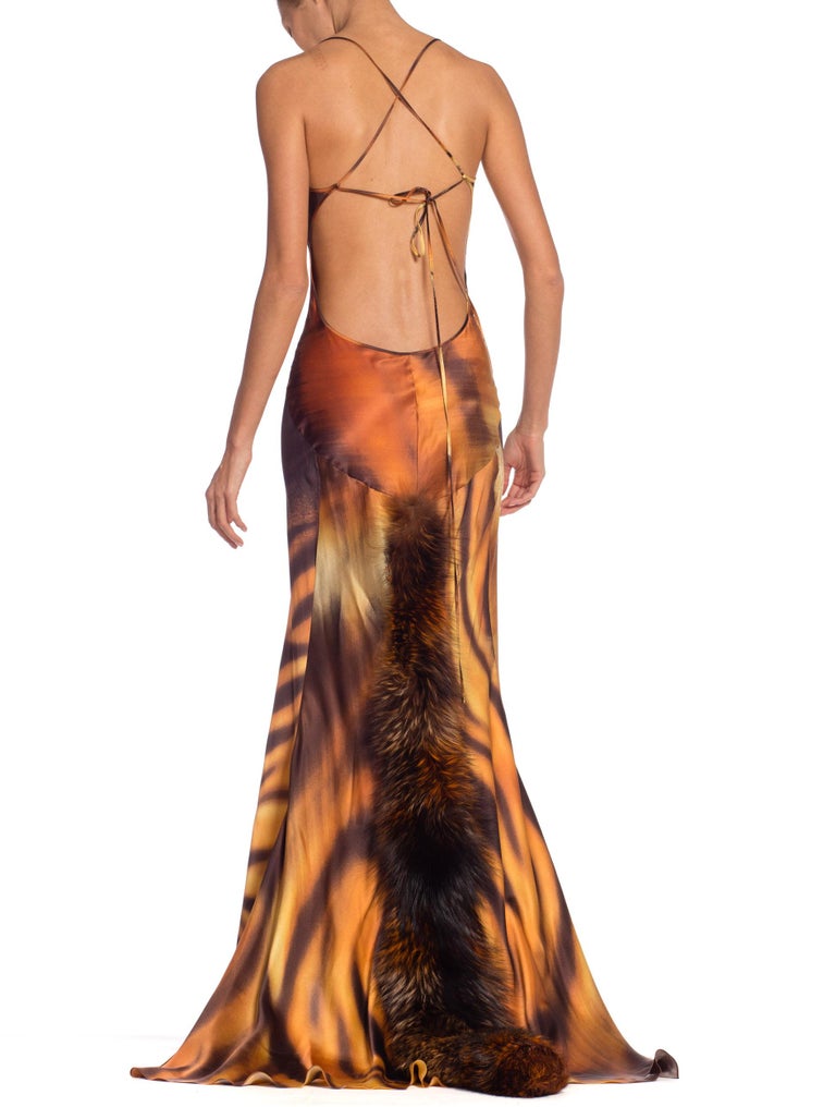 Roberto Cavalli Bias Cut Silk Gown Tiger with Fox Fur Tail NWT 1