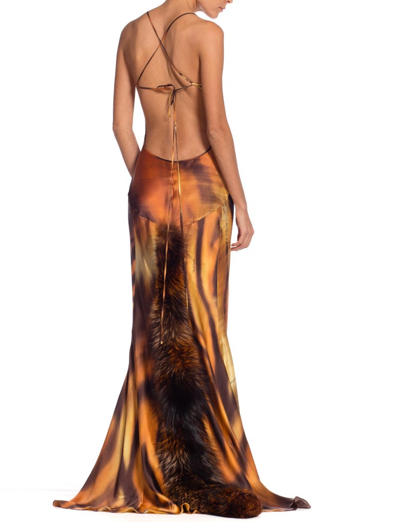Roberto Cavalli Bias Cut Silk Gown Tiger with Fox Fur Tail NWT 3