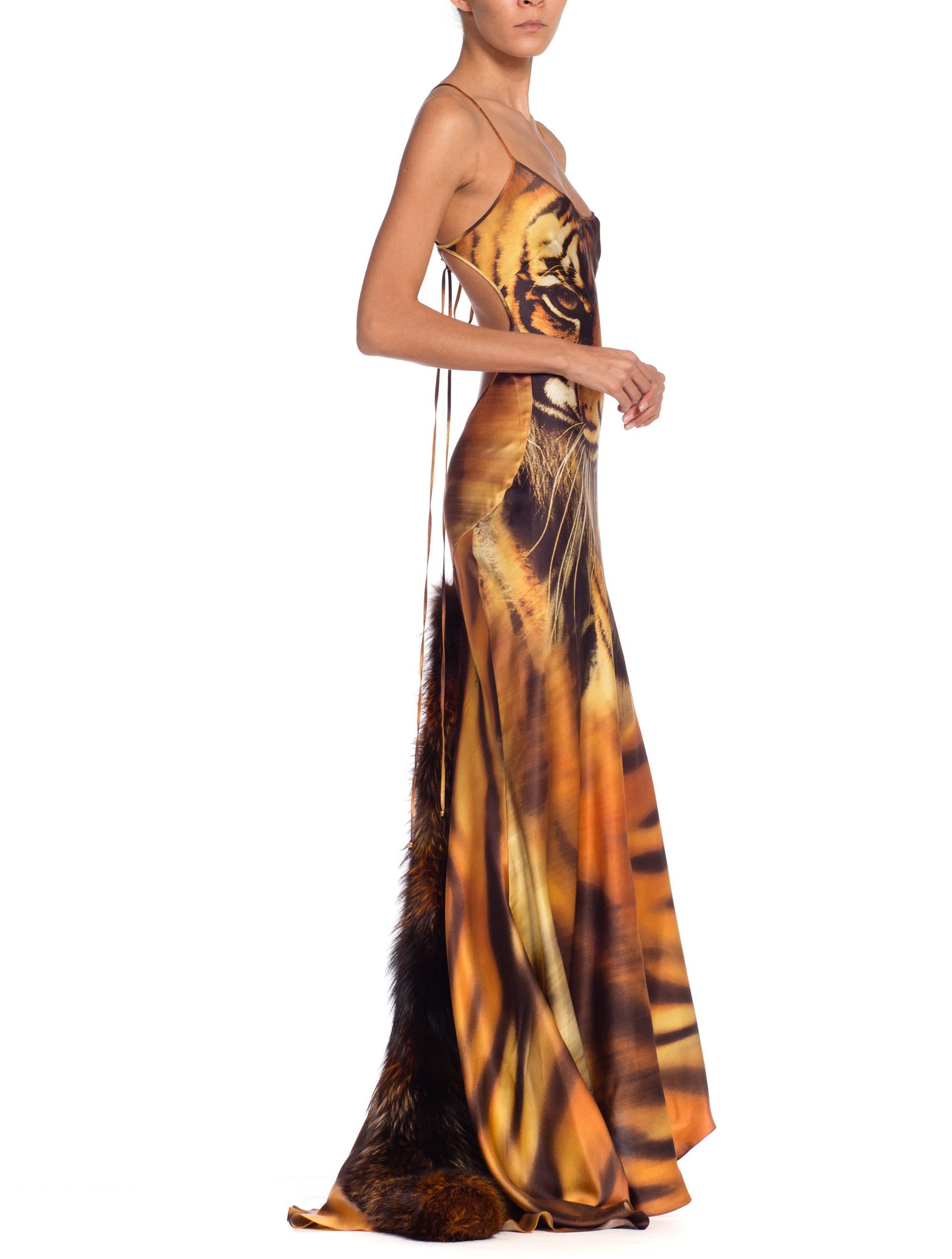 Roberto Cavalli Bias Cut Silk Gown Tiger with Fox Fur Tail NWT 1