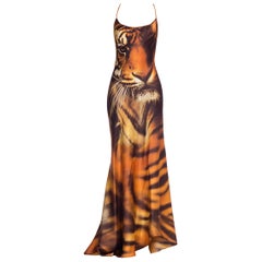 Roberto Cavalli Bias Cut Silk Gown Tiger with Fox Fur Tail NWT