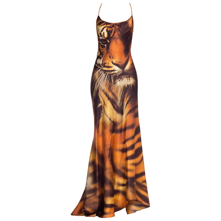 Roberto Cavalli Bias Cut Silk Gown Tiger with Fox Fur Tail NWT