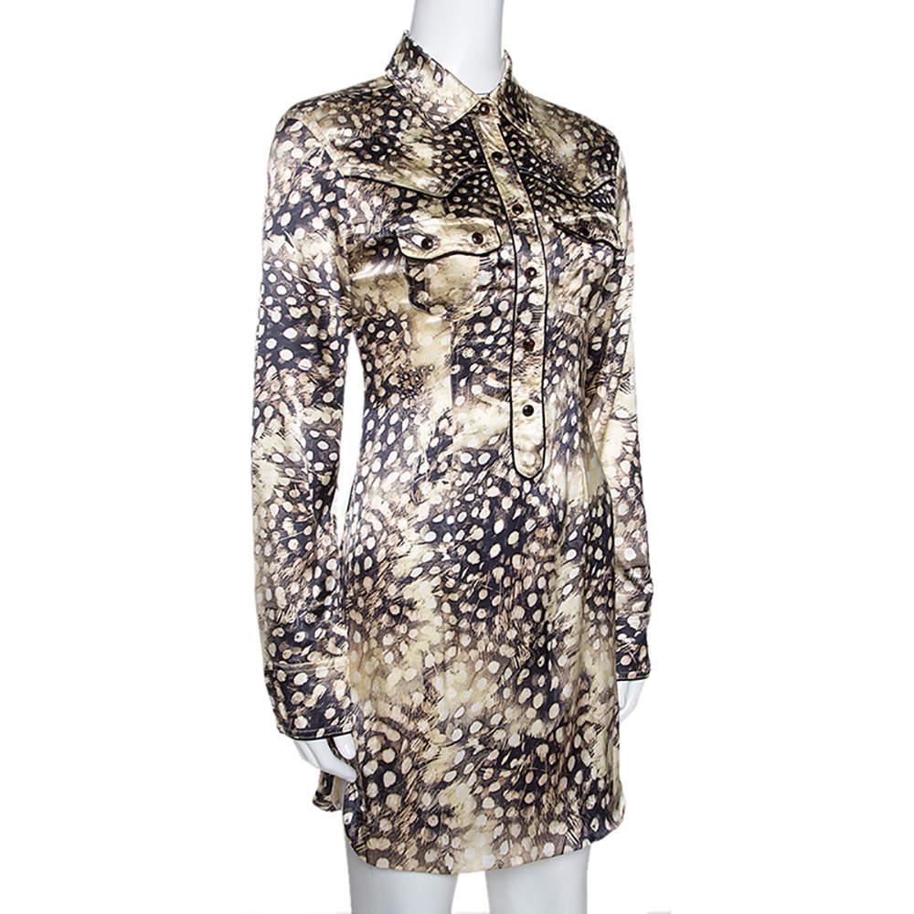 Roberto Cavalli Bicolor Animal Print Silk Shirt Dress S For Sale 1