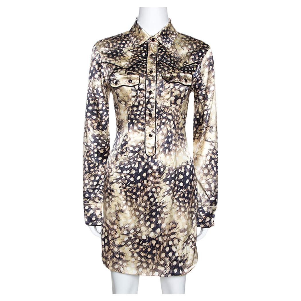 Roberto Cavalli Bicolor Animal Print Silk Shirt Dress S For Sale