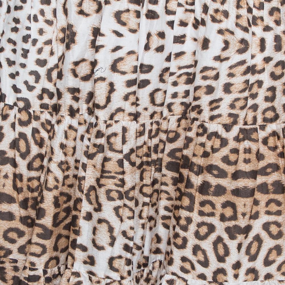 Women's Roberto Cavalli Bicolor Leopard Print Cotton Tiered Midi Skirt M