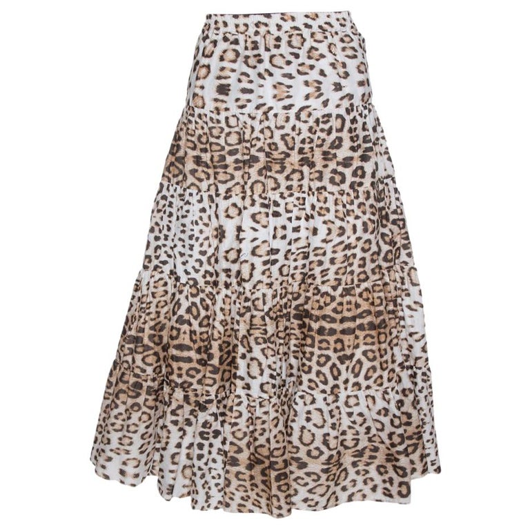 Roberto Cavalli Bicolor Leopard Print Cotton Tiered Midi Skirt M at 1stDibs