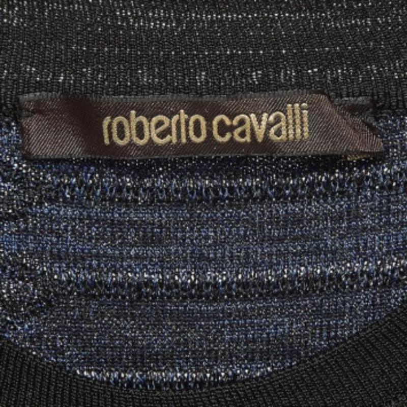 Roberto Cavalli - Top en maille lurex à motif de serpent - noir et bleu S Pour femmes en vente