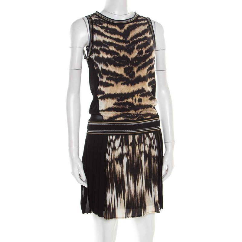 Women's Roberto Cavalli Black and Brown Animal Printed Silk Pleated Sleeveless Dress S
