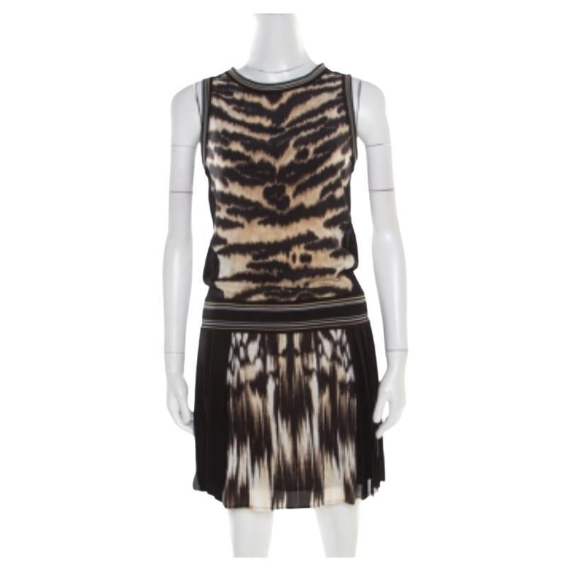 Roberto Cavalli - Vestito senza maniche a pieghe in seta con stampa animalier nera e marrone - S
