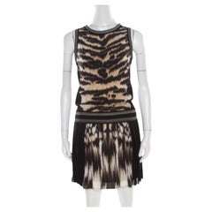 Roberto Cavalli Black and Brown Animal Printed Silk Pleated Sleeveless Dress S