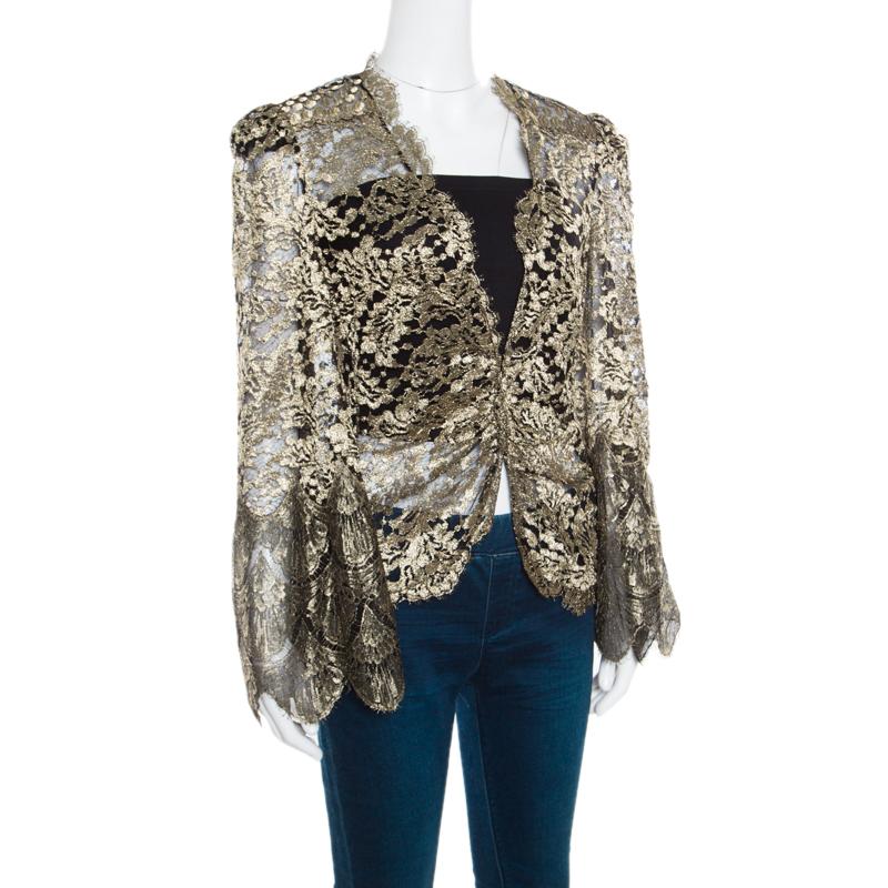 Gray Roberto Cavalli Black and Gold Scalloped Trim Detail Floral Lace Jacket S