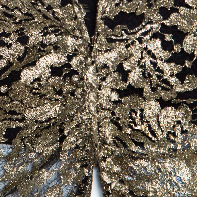 Women's Roberto Cavalli Black and Gold Scalloped Trim Detail Floral Lace Jacket S