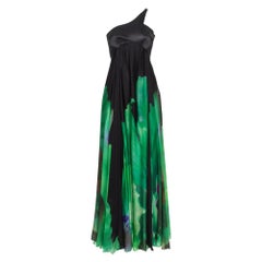 Roberto Cavalli Black and Green Printed Silk One Shoulder Gown S