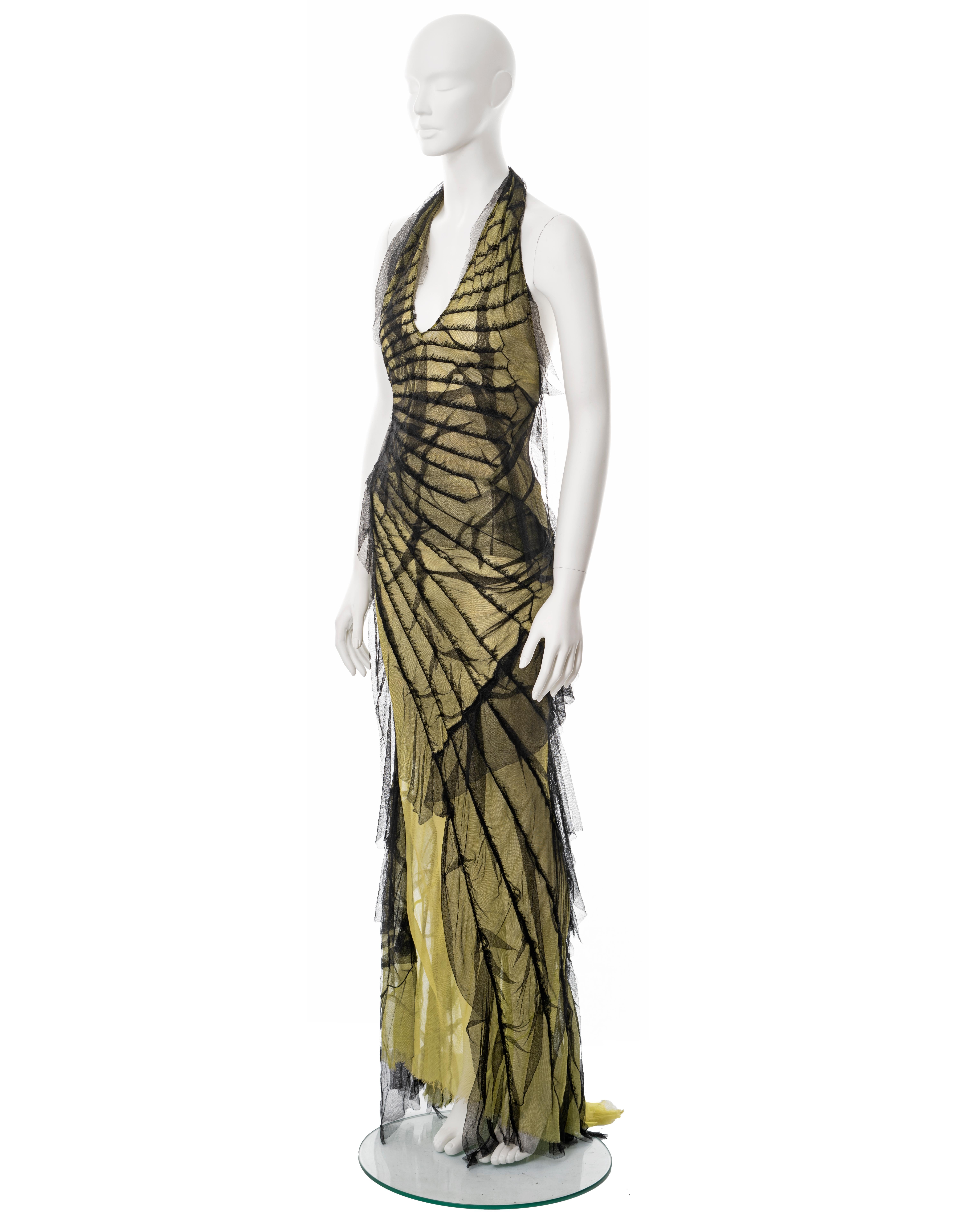 Roberto Cavalli black and lime shredded silk halter neck evening dress, ss 2001 9