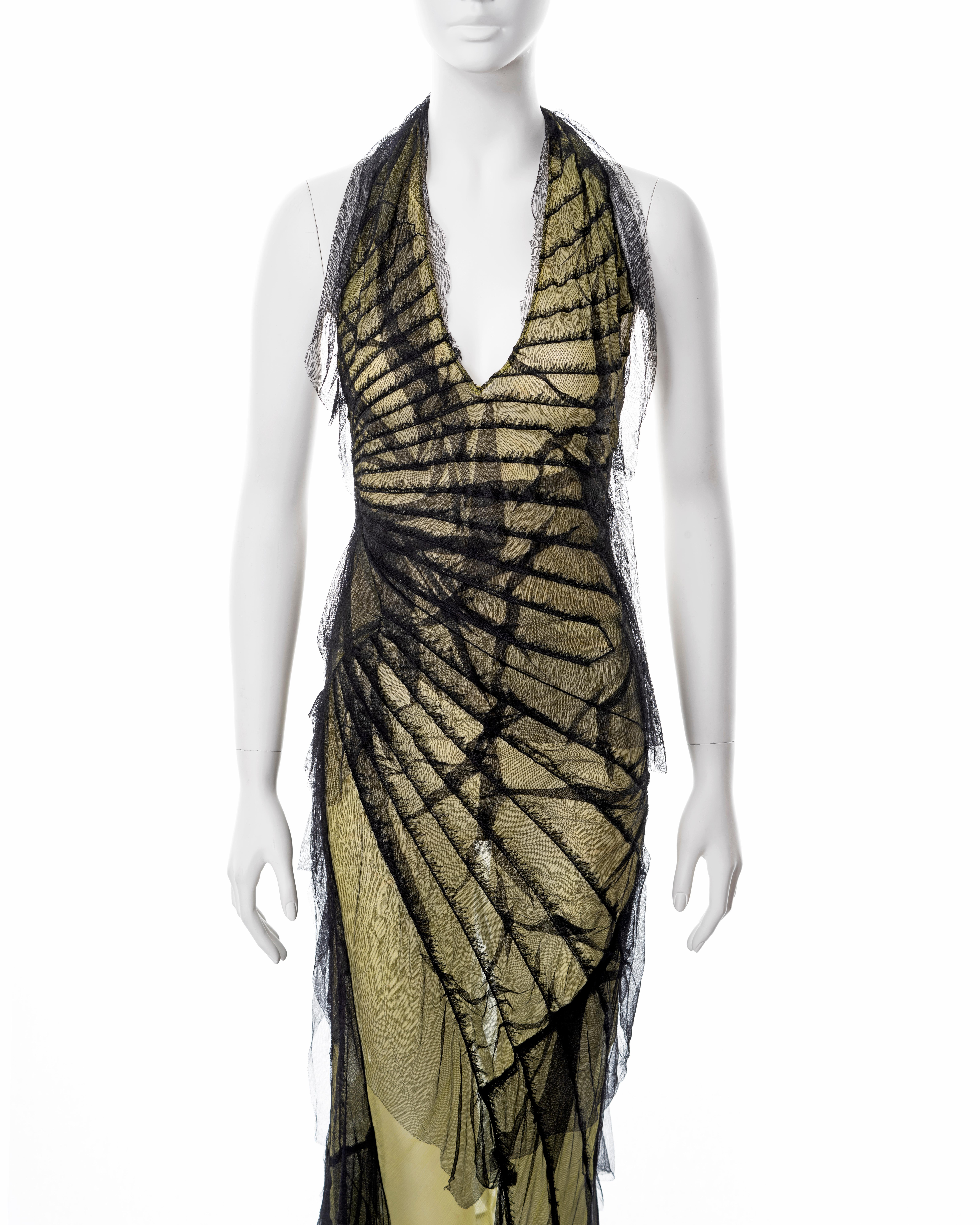 Women's Roberto Cavalli black and lime shredded silk halter neck evening dress, ss 2001