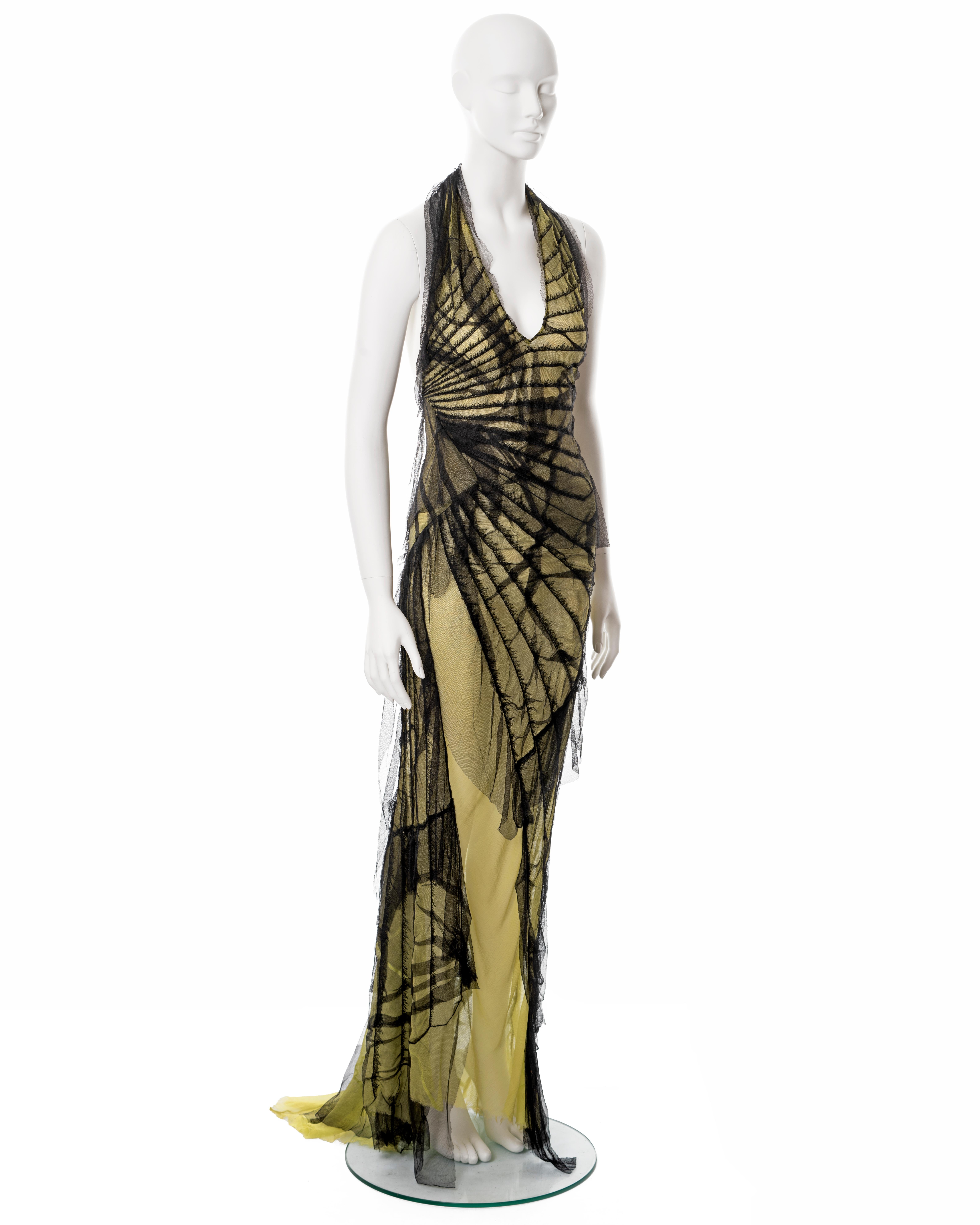 Roberto Cavalli black and lime shredded silk halter neck evening dress, ss 2001 2