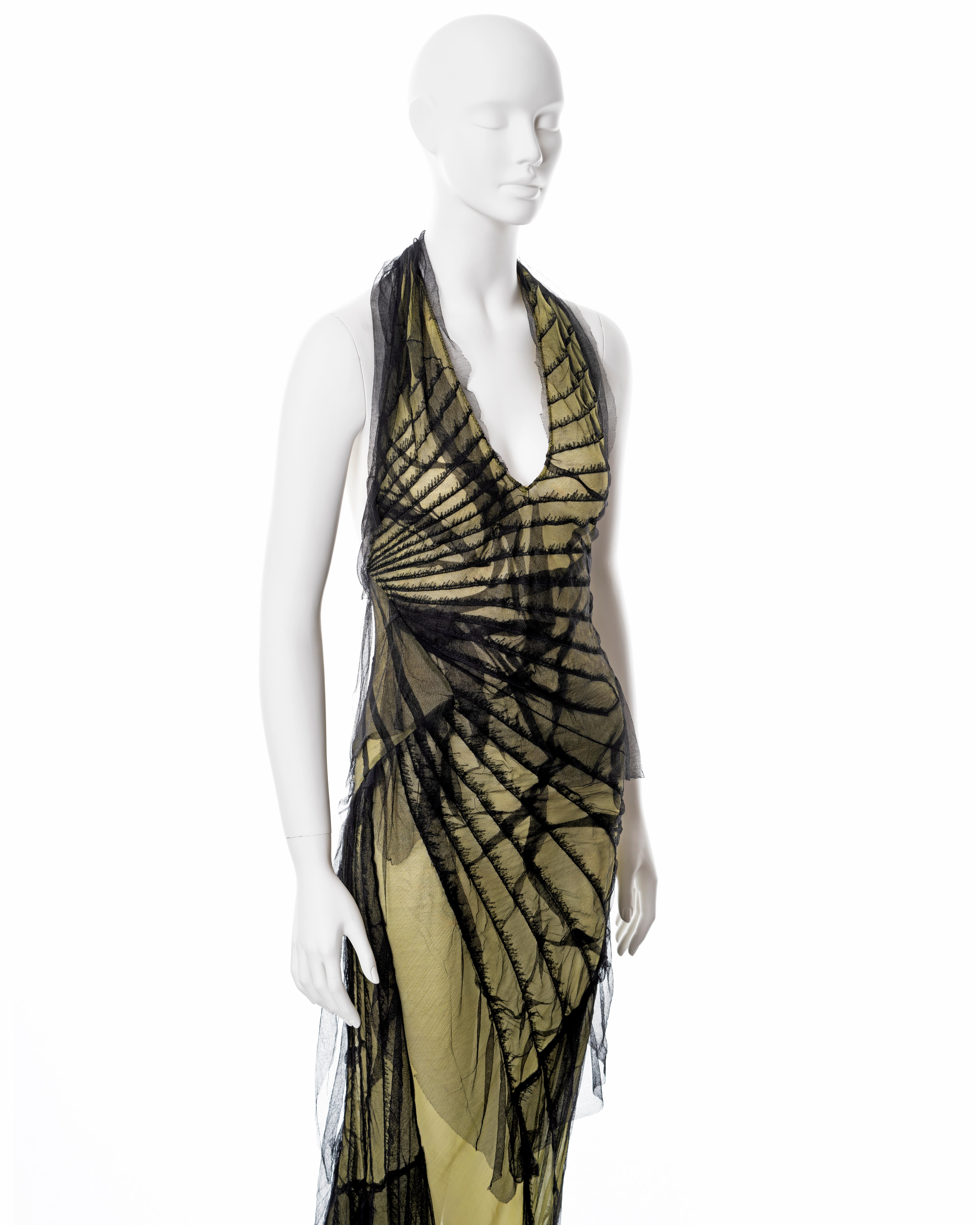 Roberto Cavalli black and lime shredded silk halter neck evening dress, ss 2001 3