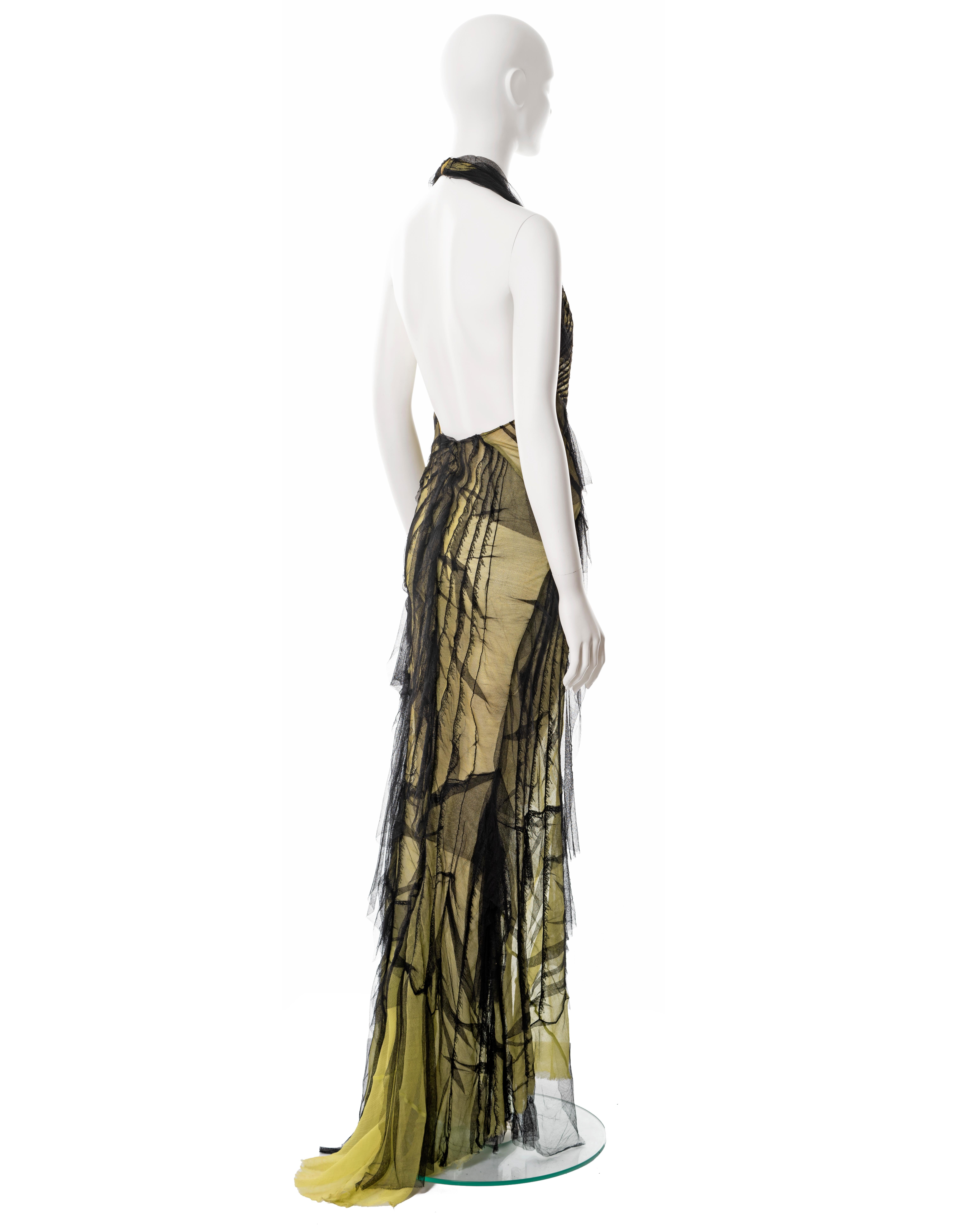 Roberto Cavalli black and lime shredded silk halter neck evening dress, ss 2001 4
