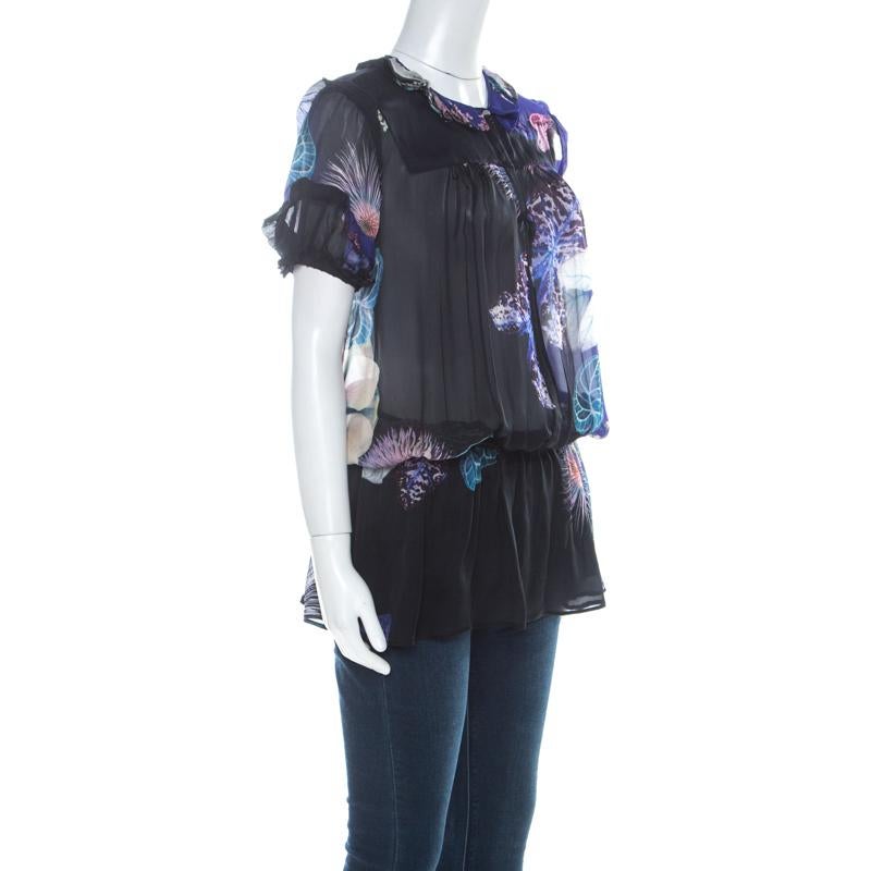 Roberto Cavalli Black and Purple Floral Printed Silk Waist Sheer Top M In Good Condition In Dubai, Al Qouz 2