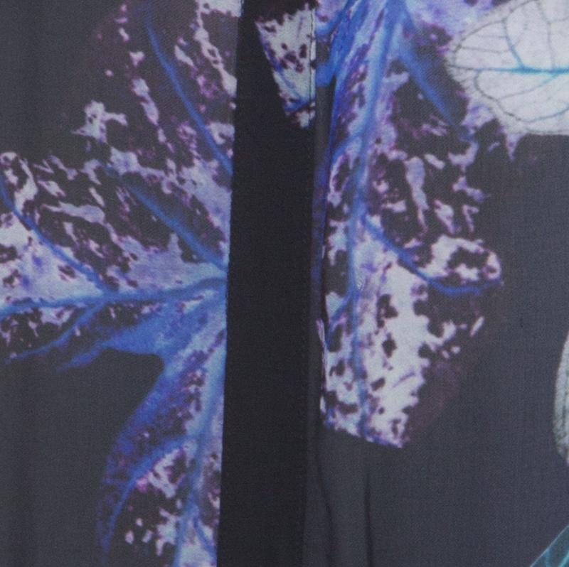 Women's Roberto Cavalli Black and Purple Floral Printed Silk Waist Sheer Top M