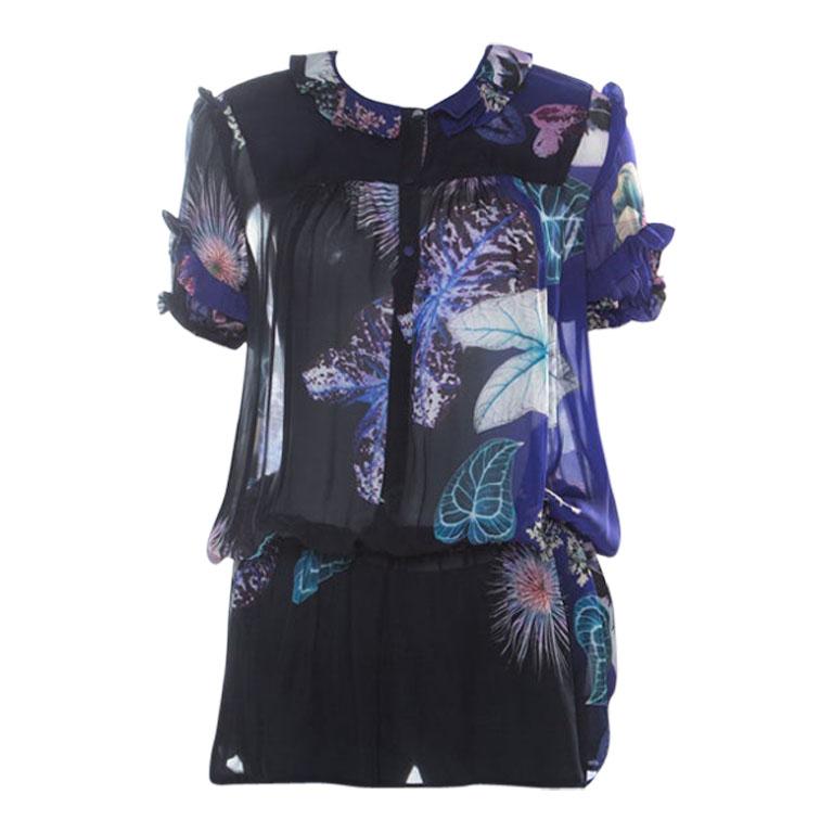 Roberto Cavalli Black and Purple Floral Printed Silk Waist Sheer Top M