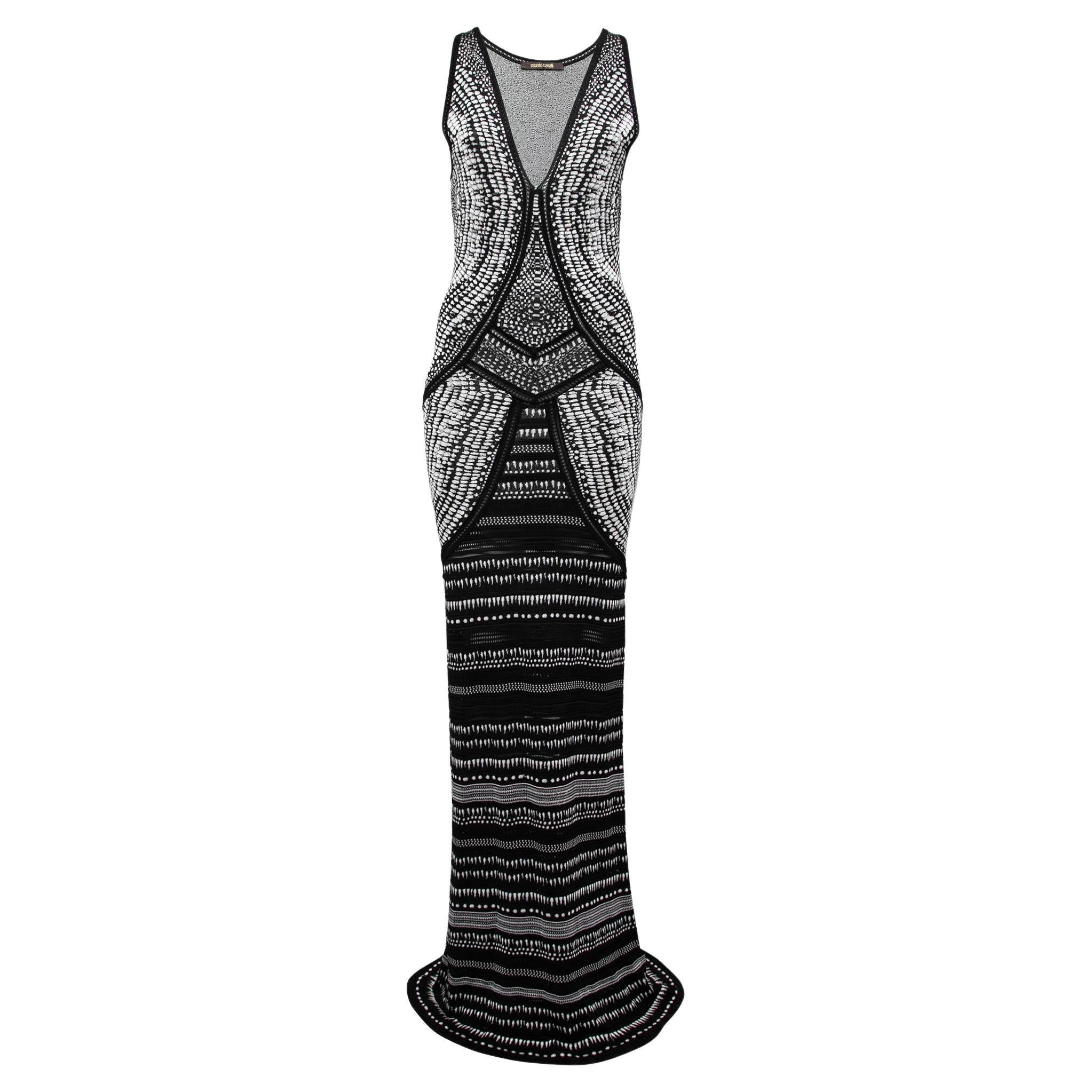 Roberto Cavalli Black and White Patterned Knit V Neck Maxi Dress M
