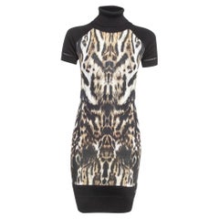 Roberto Cavalli Black Animal Print Knit Turtleneck Sweater Dress S