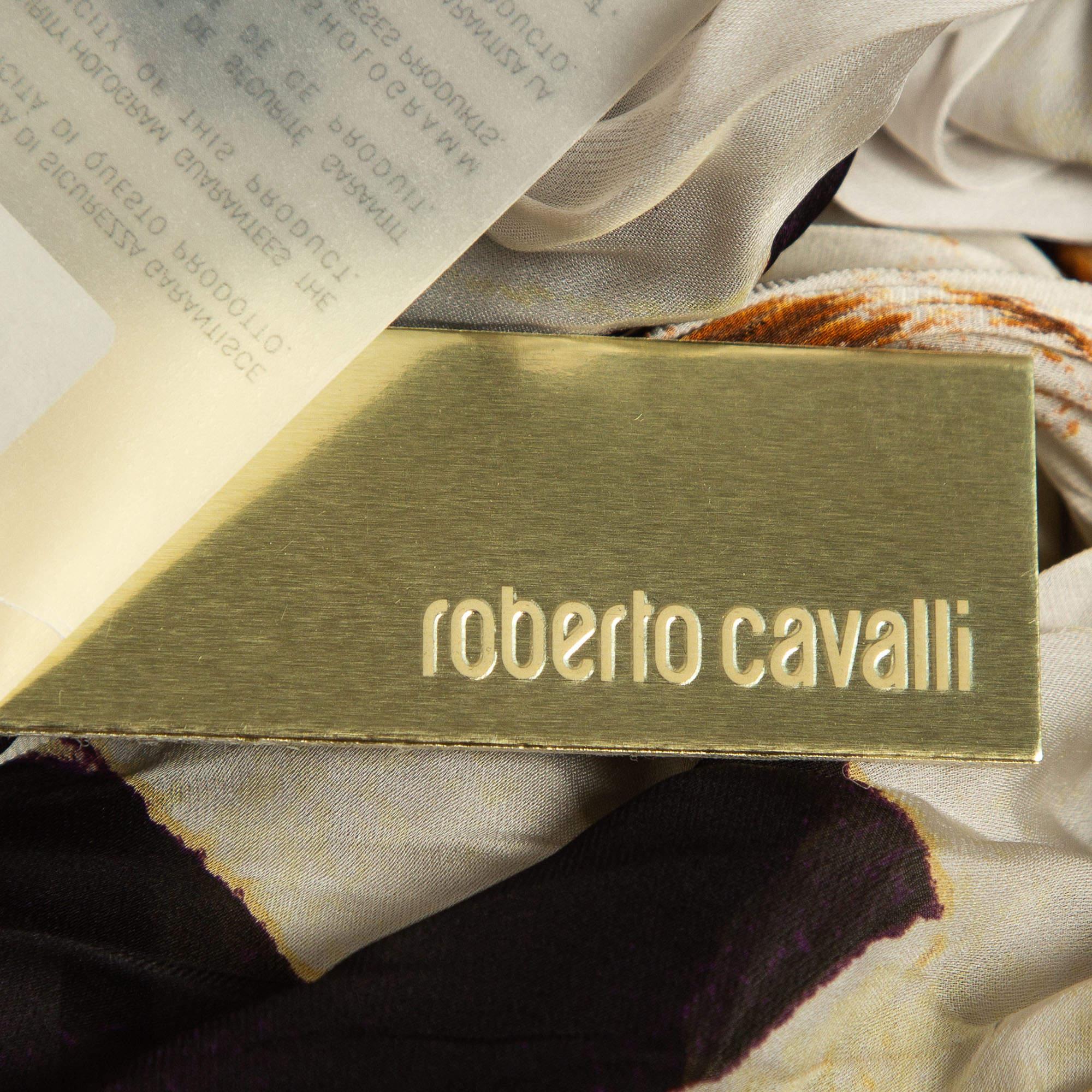 Women's Roberto Cavalli Black Animal Print Silk Off-Shoulder Asymmetric Kaftan Dress L For Sale