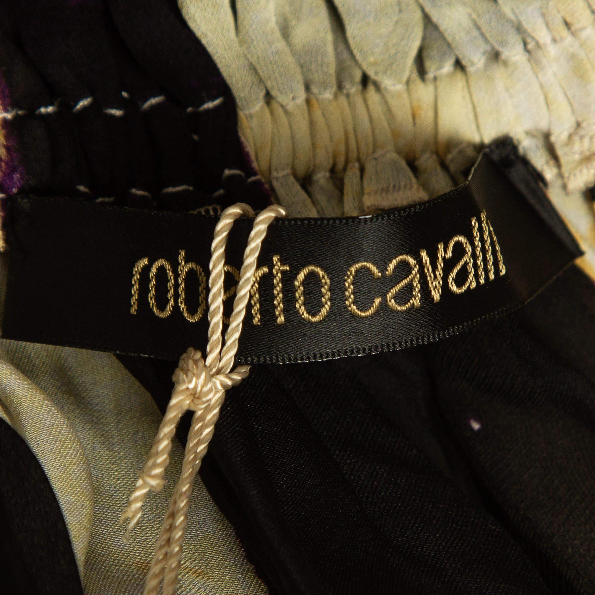 Roberto Cavalli - Robe caftan asymétrique à épaules dénudées en soie imprimée animal noire L en vente 1
