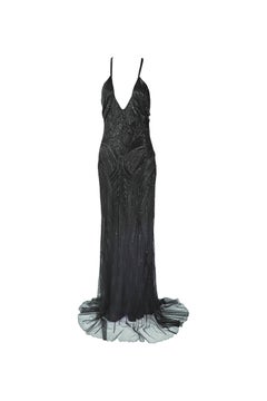 ROBERTO CAVALLI Black Beaded Plunging Draped Back Maxi Gown Tagged. 2007 NWT