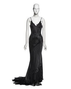 Roberto Cavalli Black Bias Cut Beaded Silk Evening Dress, FW 2004