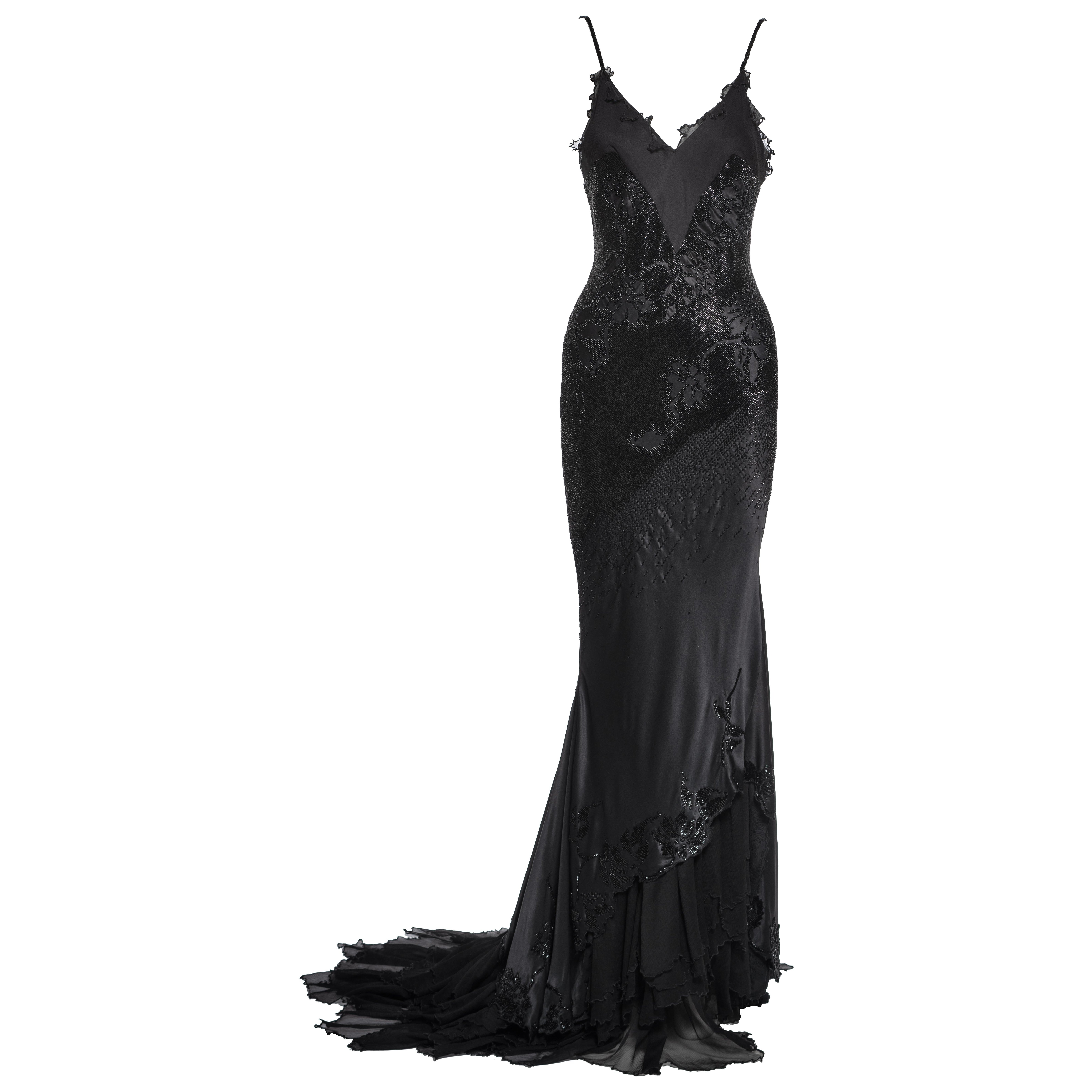Roberto Cavalli Black Bias Cut Beaded Silk Evening Dress, FW 2004 im Angebot