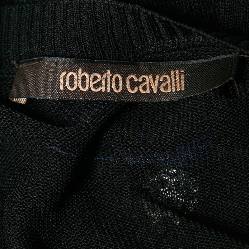 Women's Roberto Cavalli Black/Blue Print Silk & Knit Sleeveless Belted Top S For Sale