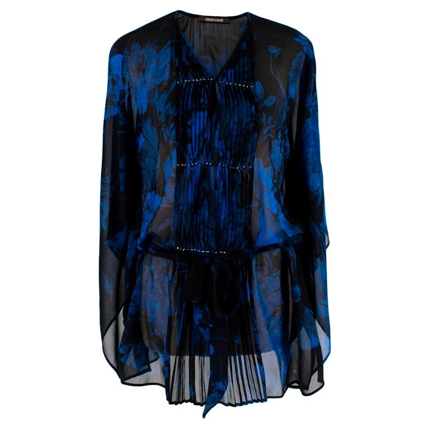 Roberto Cavalli Black & Blue Sheer Floral Pattern Top - Size Estimated XS For Sale
