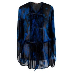 Roberto Cavalli Black & Blue Sheer Floral Pattern Top - Size Estimated XS