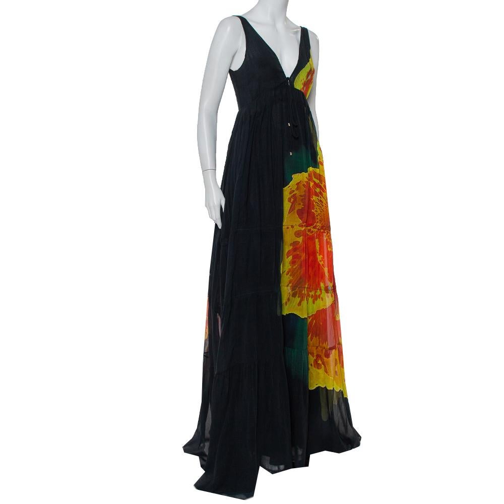 Roberto Cavalli Black Cotton Abstract Printed V Neck Maxi Dress M In Good Condition In Dubai, Al Qouz 2