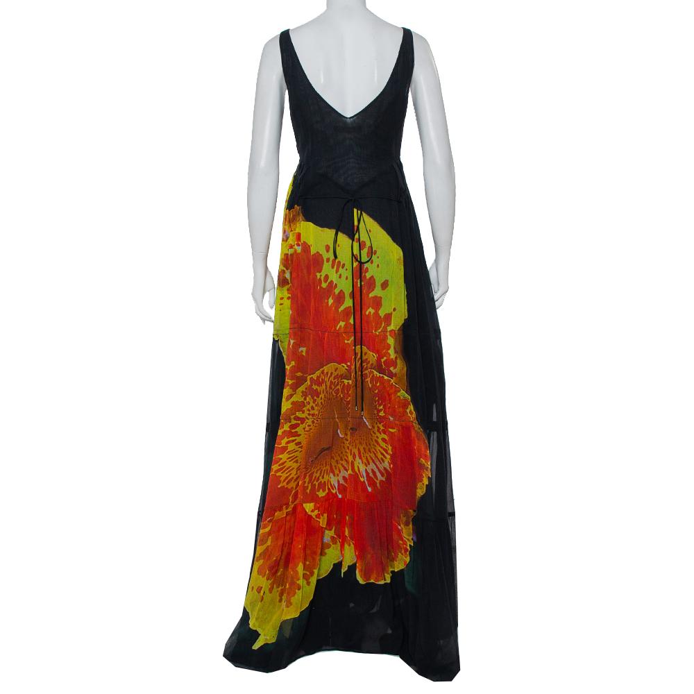 Women's Roberto Cavalli Black Cotton Abstract Printed V Neck Maxi Dress M
