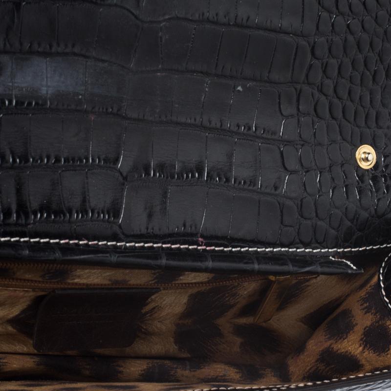 Roberto Cavalli Black Crocodile Embossed Leather Logo Chain Clutch For Sale 6