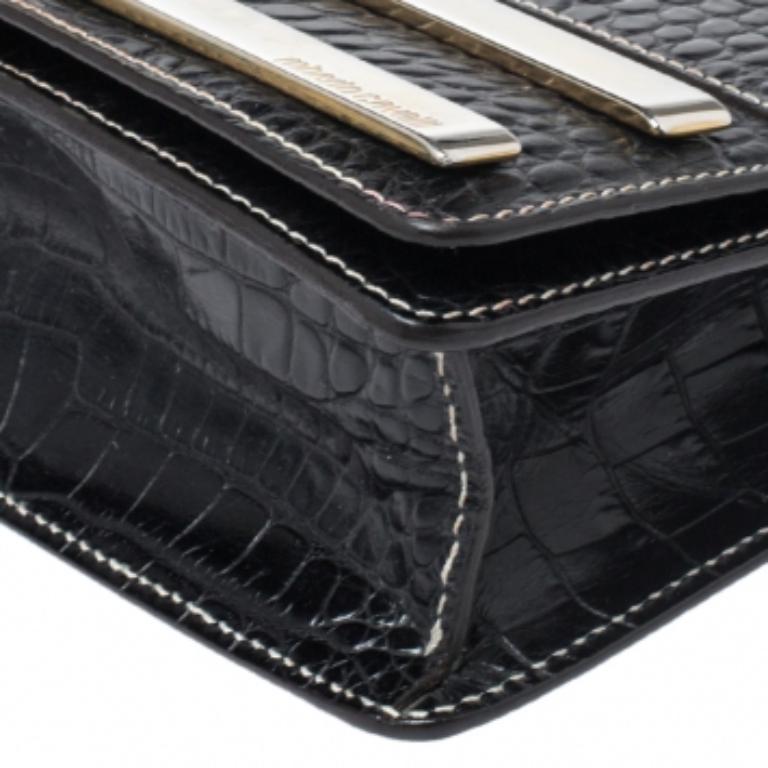 Nero Roberto Cavalli - Pochette a catena con logo in pelle goffrata in coccodrillo nero in vendita