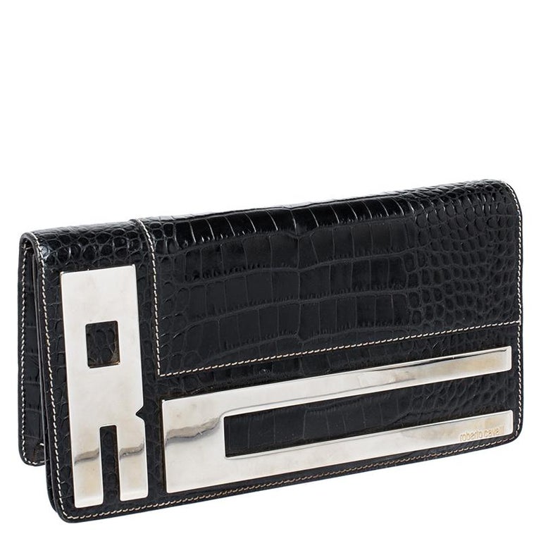 Roberto Cavalli Black Crocodile Embossed Leather Logo Chain Clutch For Sale  at 1stDibs