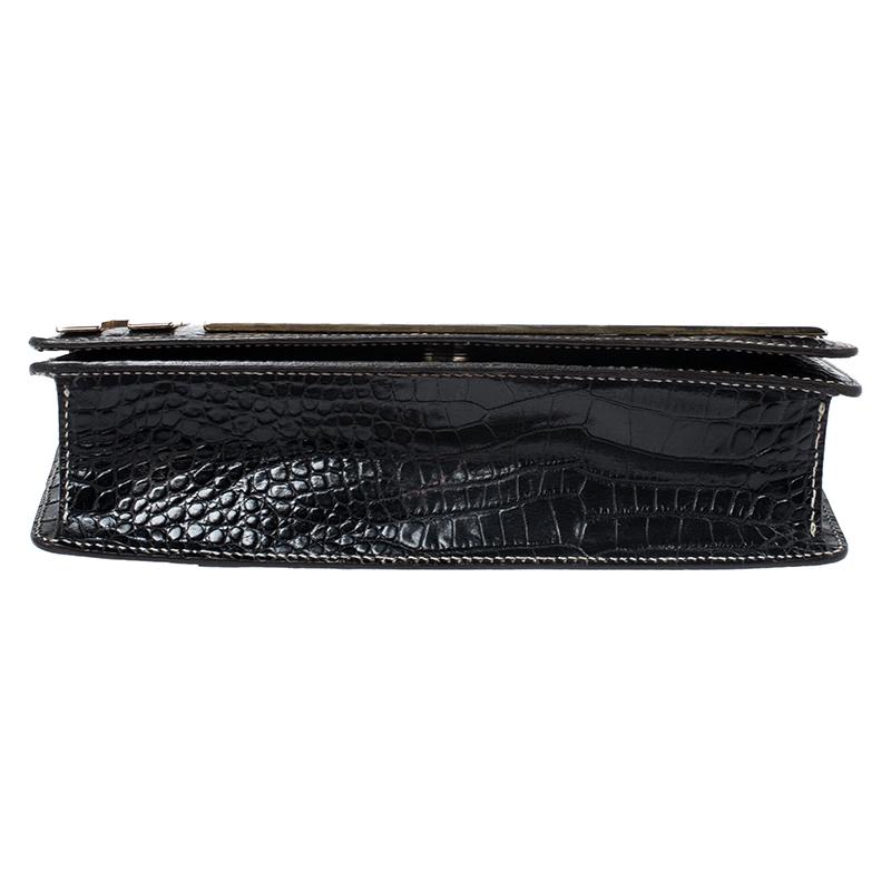Roberto Cavalli Black Crocodile Embossed Leather Logo Chain Clutch For Sale 1