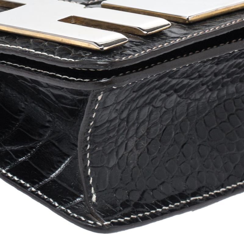 Roberto Cavalli Black Crocodile Embossed Leather Logo Chain Clutch For Sale 2