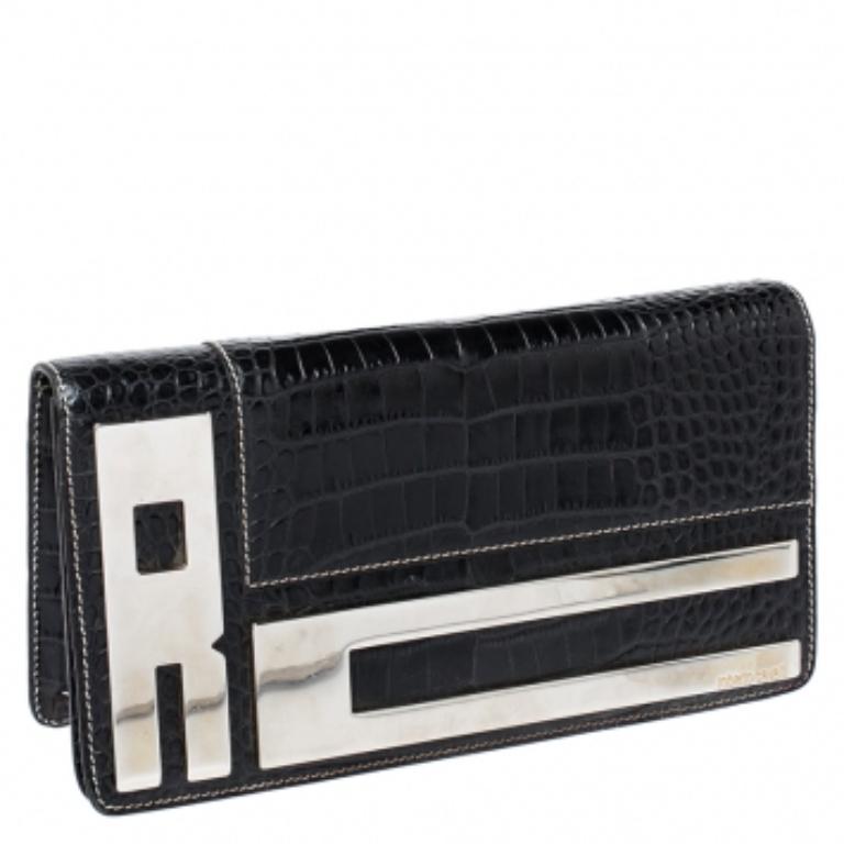 Roberto Cavalli - Pochette a catena con logo in pelle goffrata in coccodrillo nero in vendita 2