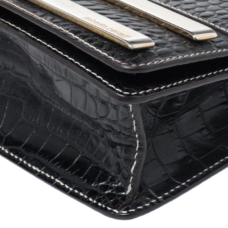 Roberto Cavalli Black Crocodile Embossed Leather Logo Chain Clutch For Sale 5